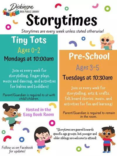 Pre-School Storytime is every Tuesday at 10:30am (unless stated otherwise) for ages 3-5. Parent/guardian must remain with their child/children.