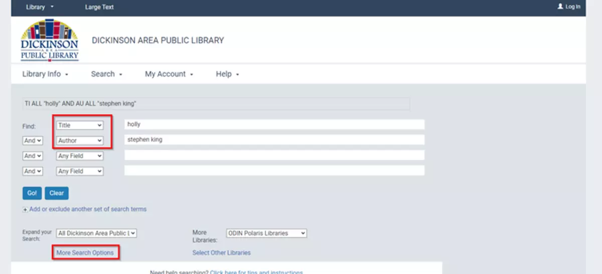 To do more advanced searching, choose the Search dropdown and click Advanced. You can set different search parameters in the dropdown fields. You can also choose More Search Options to filter down further to things like Collection.