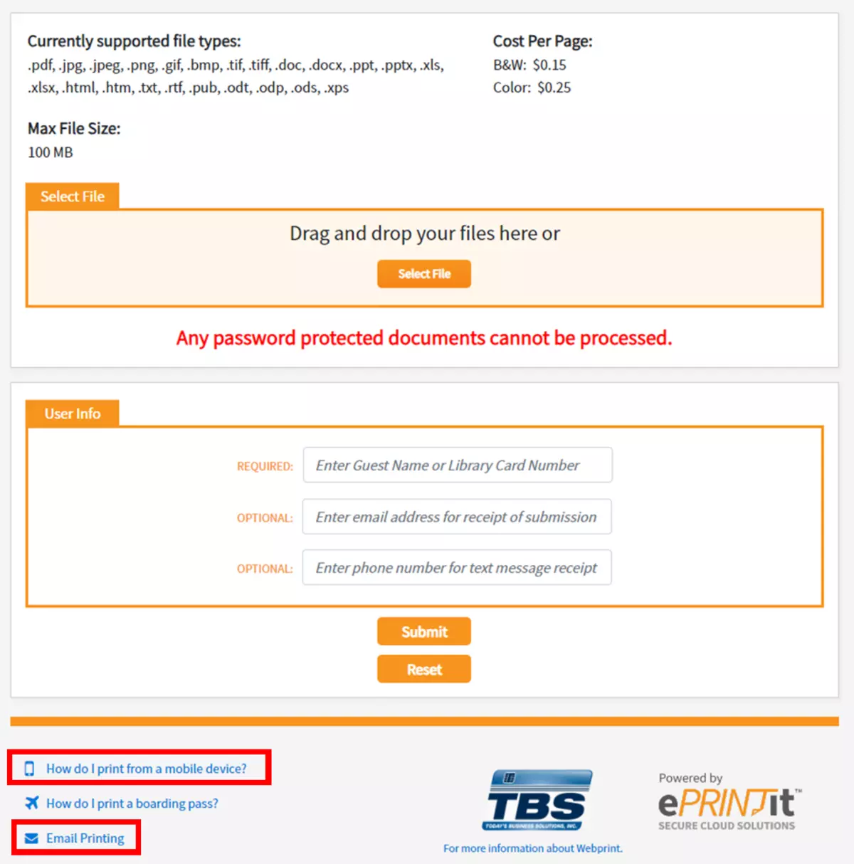 You can print from this page, by email, or through the ePRINTit app.
