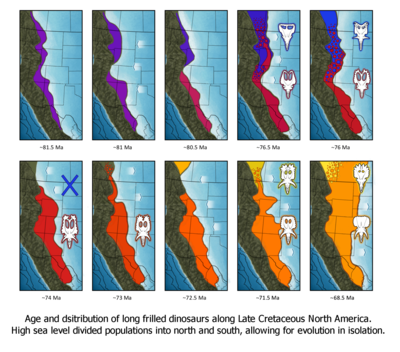 Geographic distribution of long-frilled horned dinosaurs through time