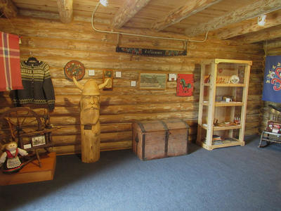 The interior of the first floor of the stabbur where the local Scandinavian exhibit is.