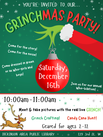Grinchmas Party December 16th at 10:00am for ages 2-12