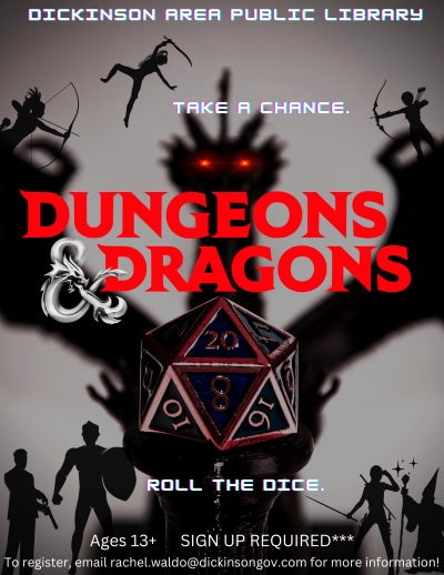 Black and white dragon behind die twenty the red Dungeons and Dragons logo in front and the flavor text "Take a chance, Roll the dice."