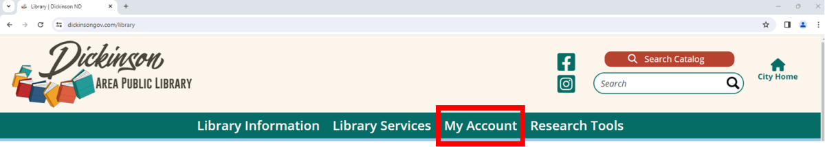 From the top of the library website, click MY ACCOUNT.