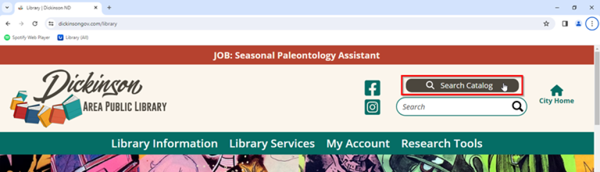 At the top of the library webpage, click Search Catalog.